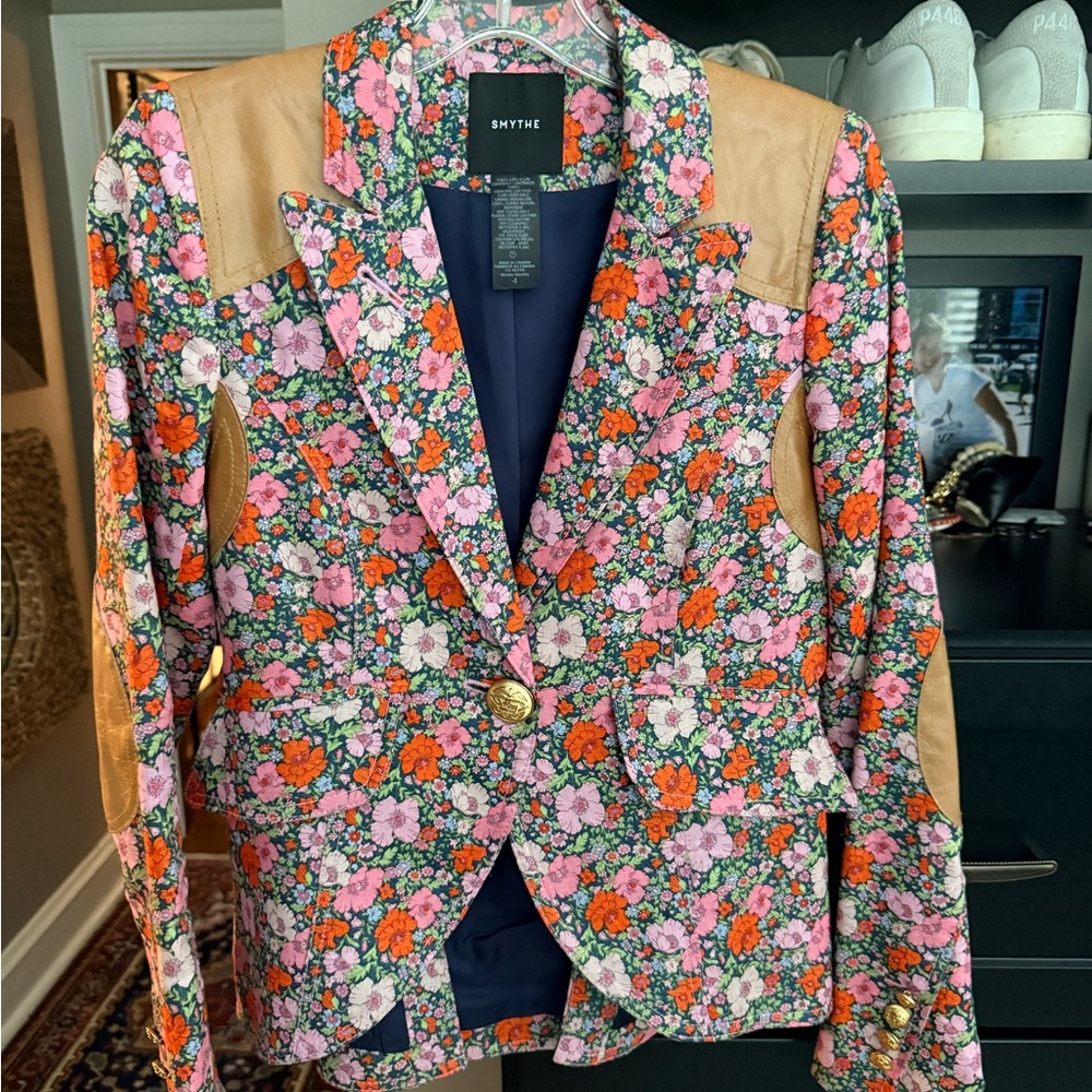 Smythe Pink & Orange Floral Blazer with Tan Leather Accents